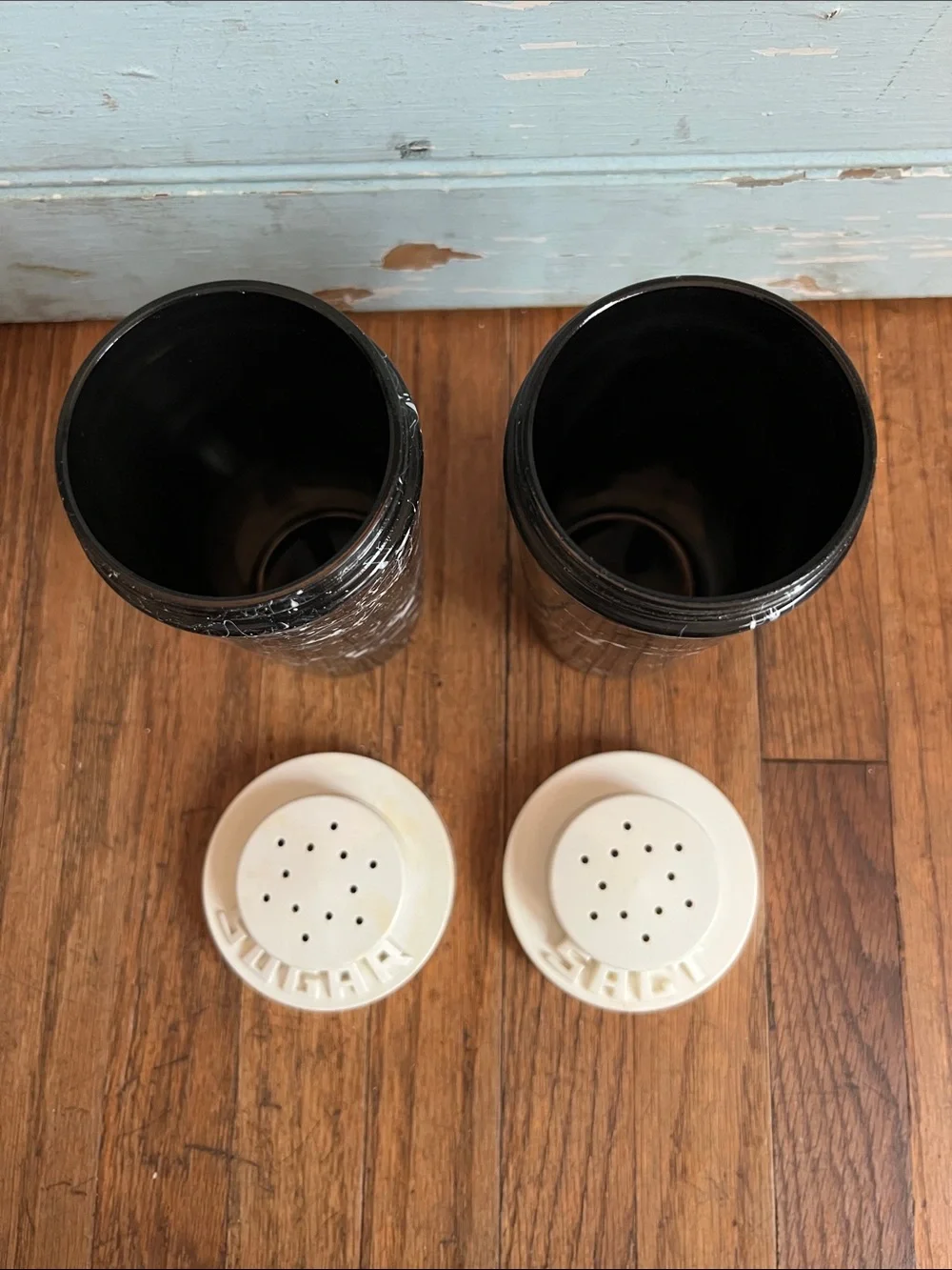 Vintage MCM Glass Black Marble Salt and Sugar Shaker Set with Plastic Lids